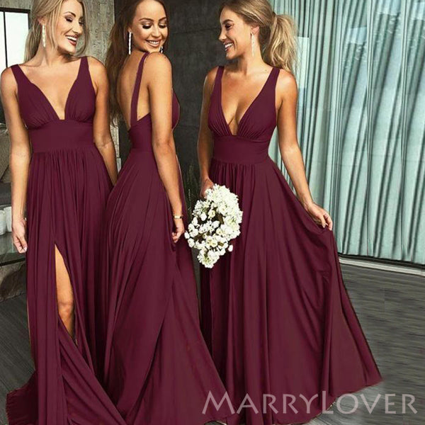 Deep V-neck Burgundy A-line Long Custom Side Slit Bridesmaid Dresses, MarryLover Deep V-neck Burgundy A-line Long Custom Side Slit Bridesmaid Dresses, MarryLover