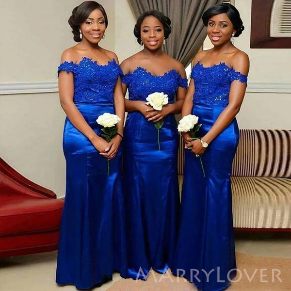 Royal Blue Satin Appliques Off Shoulder Mermaid Long Custom Bridesmaid MarryLover Royal Blue Satin Appliques Off Shoulder Mermaid Long Custom Bridesmaid MarryLover
