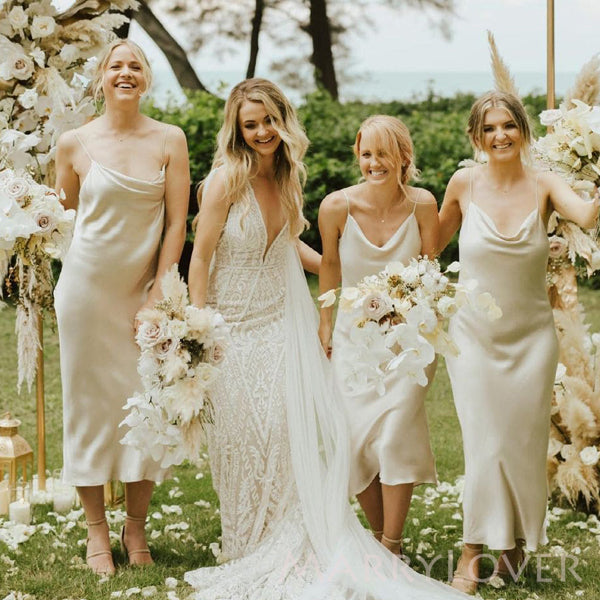 Simple Champagne Satin Spaghetti Straps Mermaid Long Custom Bridesmaid Dresses, MRB0143 Simple Champagne Satin Spaghetti Straps Mermaid Long Custom Bridesmaid Dresses, MRB0143