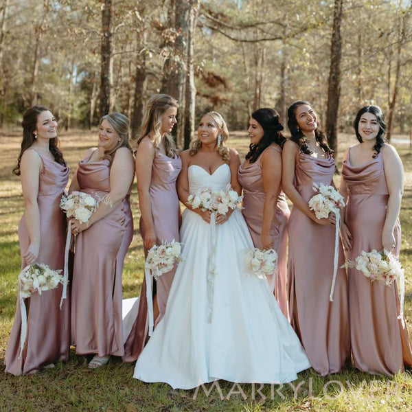 Mermaid Rose Gold Satin Spaghetti Straps Long Custom Bridesmaid Dresses, MRB0154 Mermaid Rose Gold Satin Spaghetti Straps Long Custom Bridesmaid Dresses, MRB0154