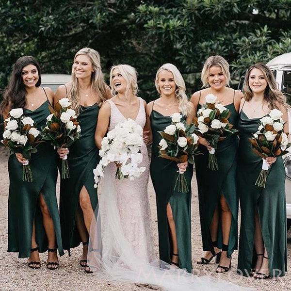 Simple Dark Green Satin Spaghetti Straps Long Custom Side Slit Bridesmaid Dresses, MRB0155 Simple Dark Green Satin Spaghetti Straps Long Custom Side Slit Bridesmaid Dresses, MRB0155