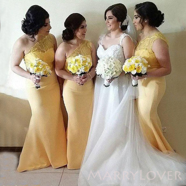 One Shoulder Yellow Lace Mermaid Long Cheap Custom Bridesmaid Dresses, MRB0198