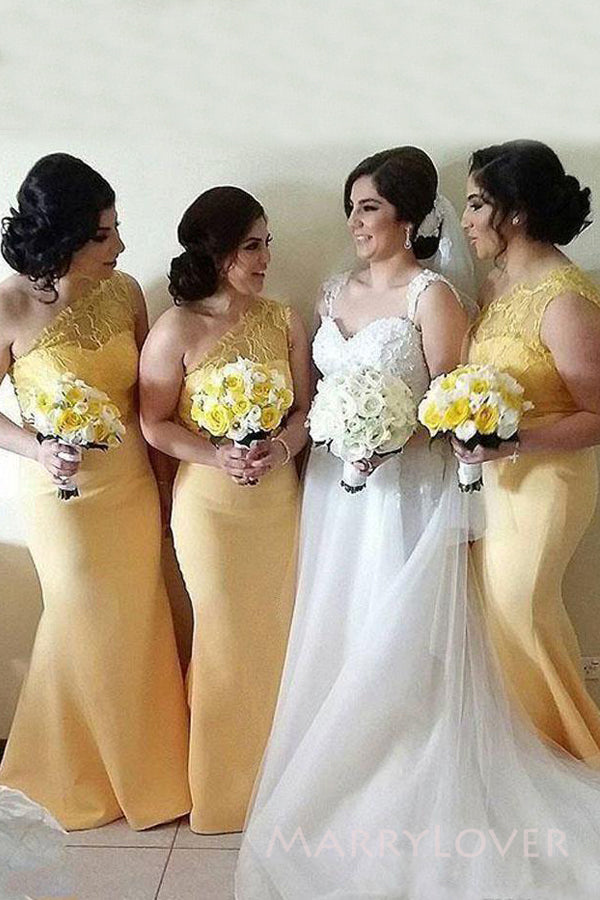 One Shoulder Yellow Lace Mermaid Long Cheap Custom Bridesmaid Dresses, MRB0198