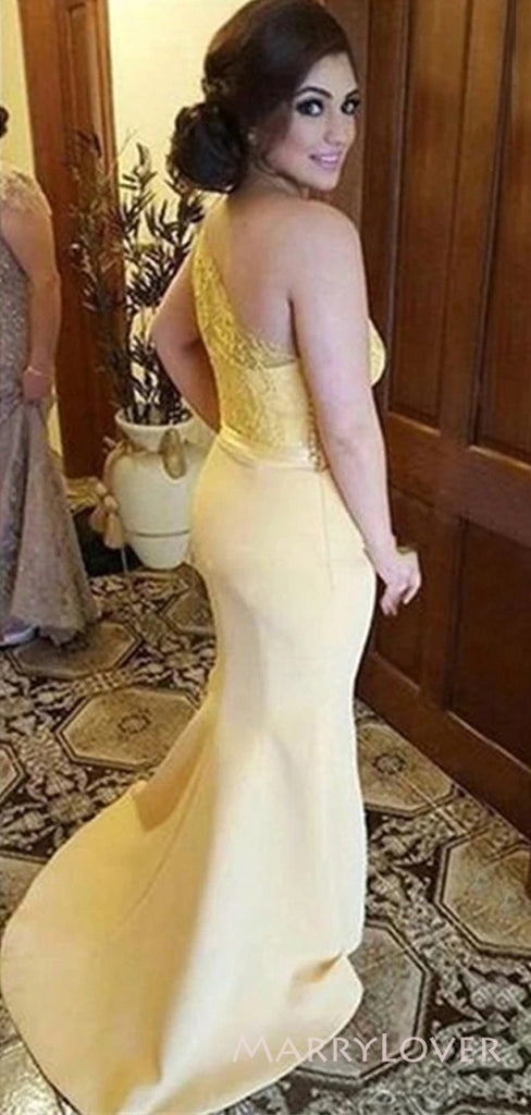 One Shoulder Yellow Lace Mermaid Long Cheap Custom Bridesmaid Dresses, MRB0198