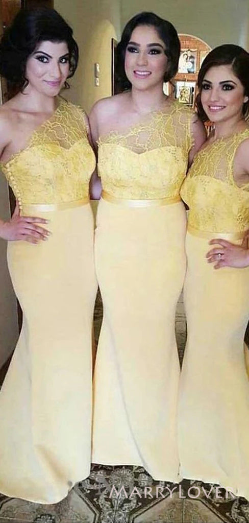 One Shoulder Yellow Lace Mermaid Long Cheap Custom Bridesmaid Dresses, MRB0198