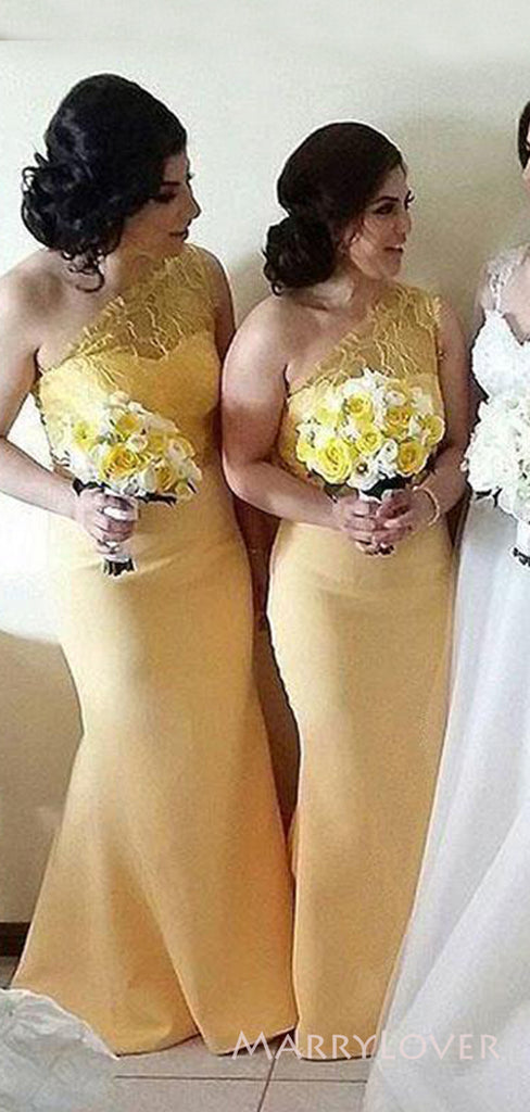 One Shoulder Yellow Lace Mermaid Long Cheap Custom Bridesmaid Dresses, MRB0198