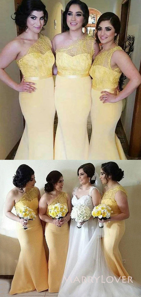 One Shoulder Yellow Lace Mermaid Long Cheap Custom Bridesmaid Dresses, MRB0198