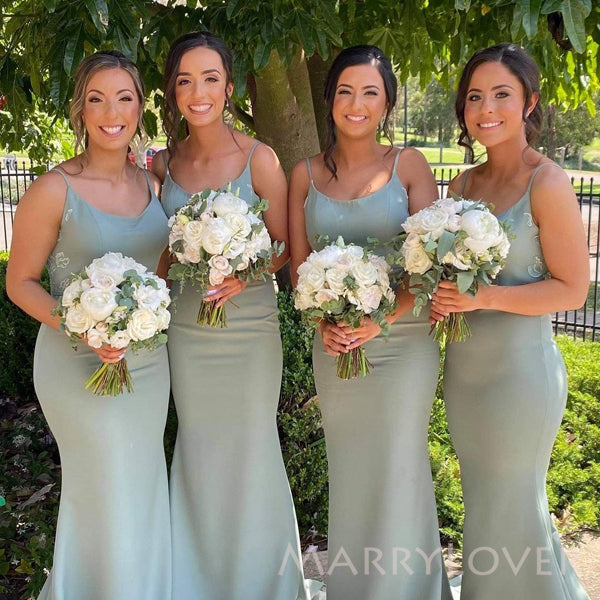 Spaghetti Straps Dusty Sage Satin Appliques Mermaid Long Cheap Bridesm MarryLover Spaghetti Straps Dusty Sage Satin Appliques Mermaid Long Cheap Bridesm MarryLover