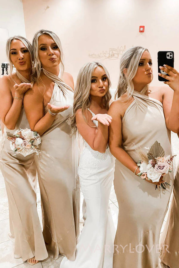 Simple Satin Mermaid Halter Long Cheap Bridesmaid Dresses, MRB0213