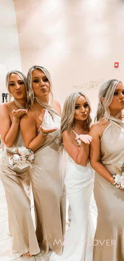 Simple Satin Mermaid Halter Long Cheap Bridesmaid Dresses, MRB0213