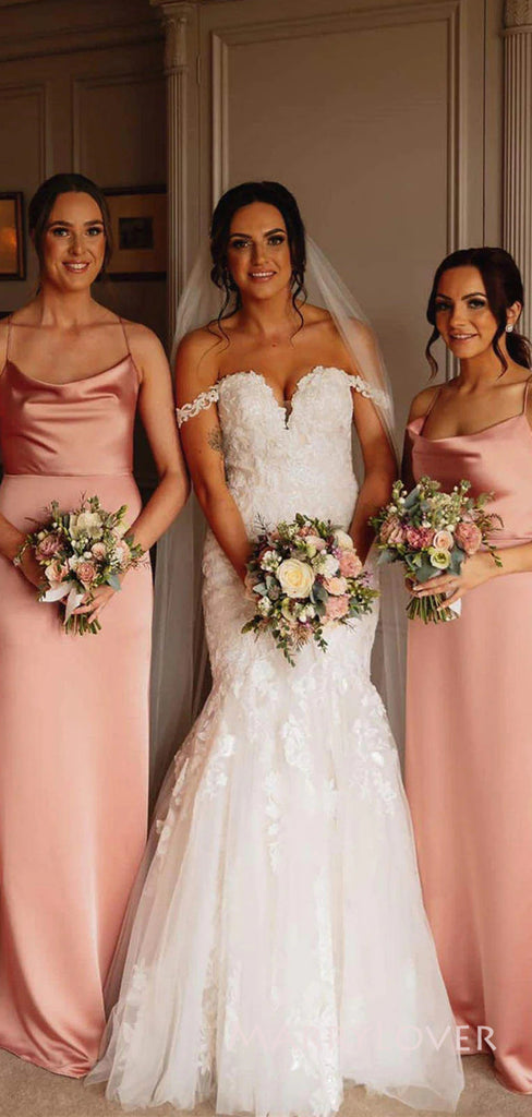 Popular Spaghetti Straps Satin Long Cheap Custom Mermaid Bridesmaid Dresses, MRB0215