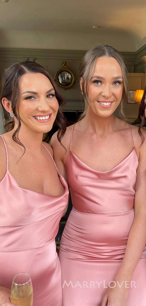 Popular Spaghetti Straps Satin Long Cheap Custom Mermaid Bridesmaid Dresses, MRB0215