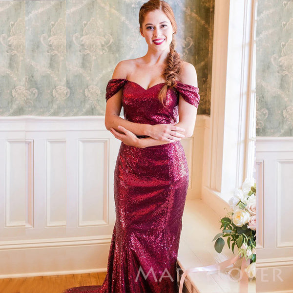 Burgundy Sequins Off Shoulder Mermaid Long Cheap Custom Sweetheart Bri MarryLover Burgundy Sequins Off Shoulder Mermaid Long Cheap Custom Sweetheart Bri MarryLover