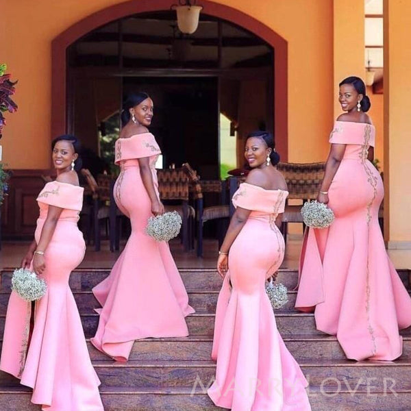 Pretty Pink Satin Appliques Mermaid Long Cheap Custom Bridesmaid Dresses, MRB0225