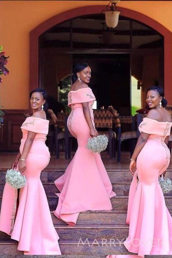 Pretty Pink Satin Appliques Mermaid Long Cheap Custom Bridesmaid Dresses, MRB0225