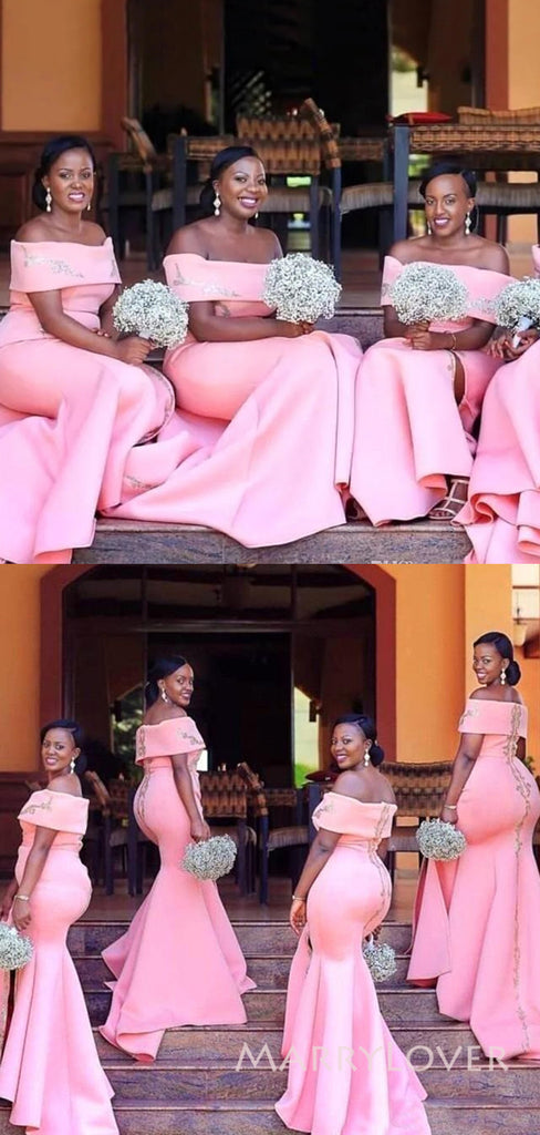 Pretty Pink Satin Appliques Mermaid Long Cheap Custom Bridesmaid Dresses, MRB0225