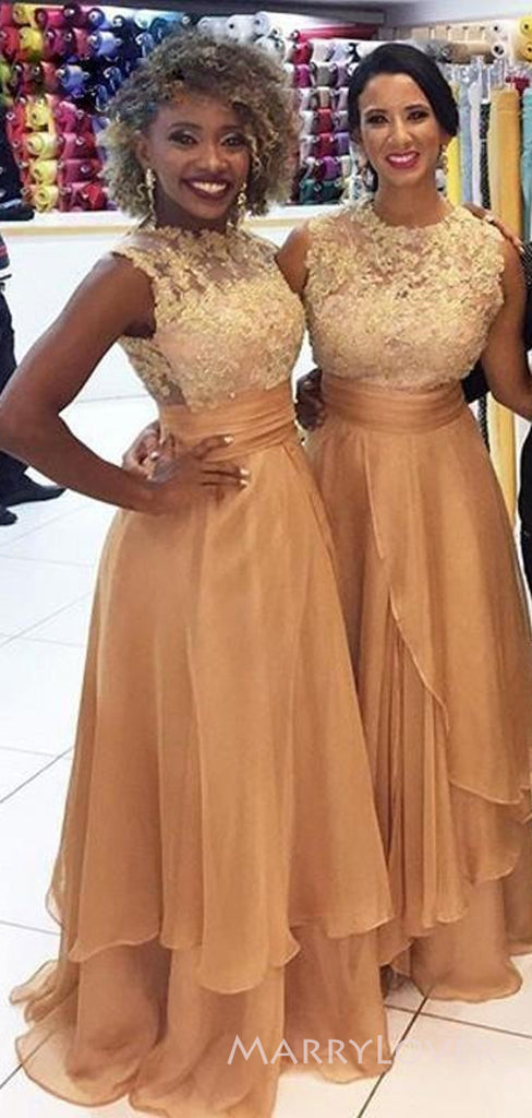 A-line Gold Long Cheap Custom Appliques Bridesmaid Dresses, MRB0228