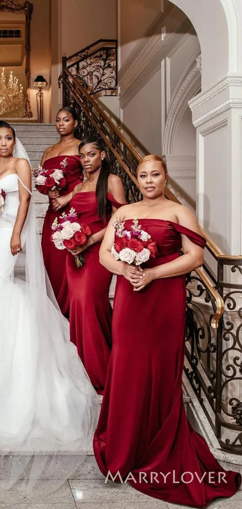 Dark Red Satin Mermaid Long Cheap Custom One Shoulder Bridesmaid Dresses, MRB0244