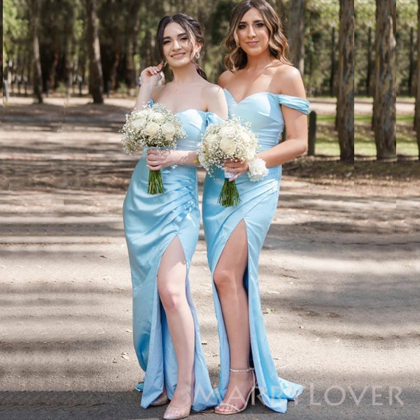 Popular Sky Blue Satin Mermaid Long Cheap Custom Off Shoulder Bridesma MarryLover Popular Sky Blue Satin Mermaid Long Cheap Custom Off Shoulder Bridesma MarryLover
