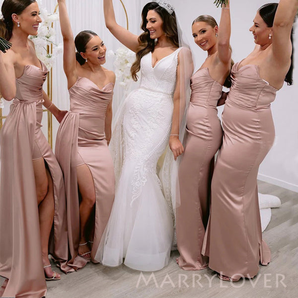 Rose Gold Satin Mermaid Strapless Long Cheap Custom Side Slit Bridesma MarryLover Rose Gold Satin Mermaid Strapless Long Cheap Custom Side Slit Bridesma MarryLover
