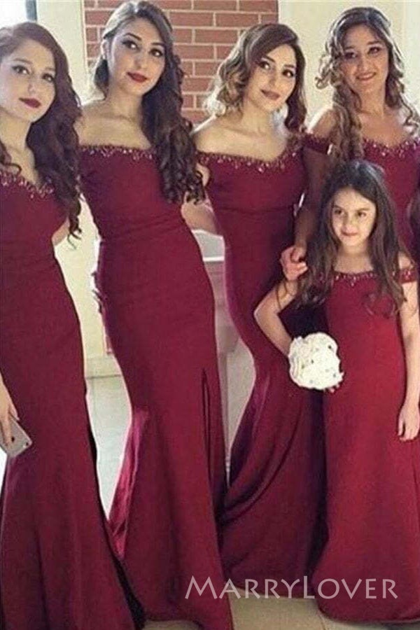 Off Shoulder Dark Red Mermaid Long Cheap Custom Beaded Bridesmaid Dresses, MRB0271