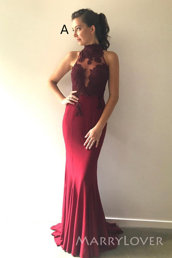Mismatched Burgundy Mermaid Appliques Long Cheap Custom Bridesmaid Dresses, MRB0273