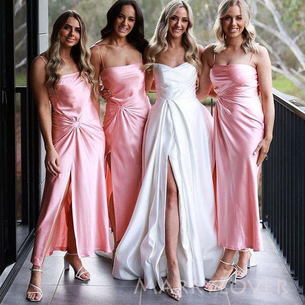 Pink Satin Simple Spaghetti Straps Mermaid Long Cheap Custom Side Slit Bridesmaid Dresses, MRB0276 Pink Satin Simple Spaghetti Straps Mermaid Long Cheap Custom Side Slit Bridesmaid Dresses, MRB0276