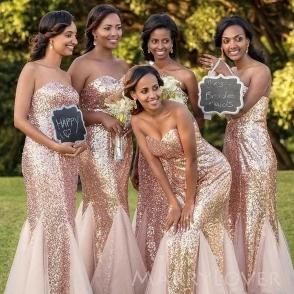 Sweetheart Rose Gold Sequins Mermaid Long Custom Strapless Bridesmaid Dresses, MRB0315