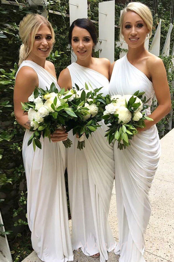 One Shoulder White Long Cheap Custom Bridesmaid Dresses, MRB0320