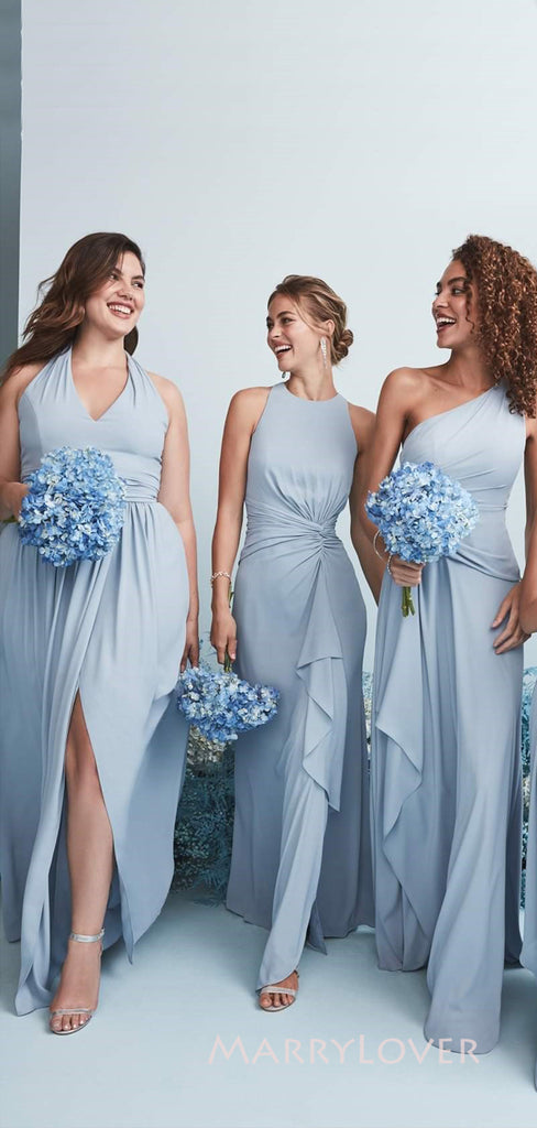 Mismatched Dusty Blue Long Cheap Custom Side Slit Bridesmaid Dresses, MRB0322