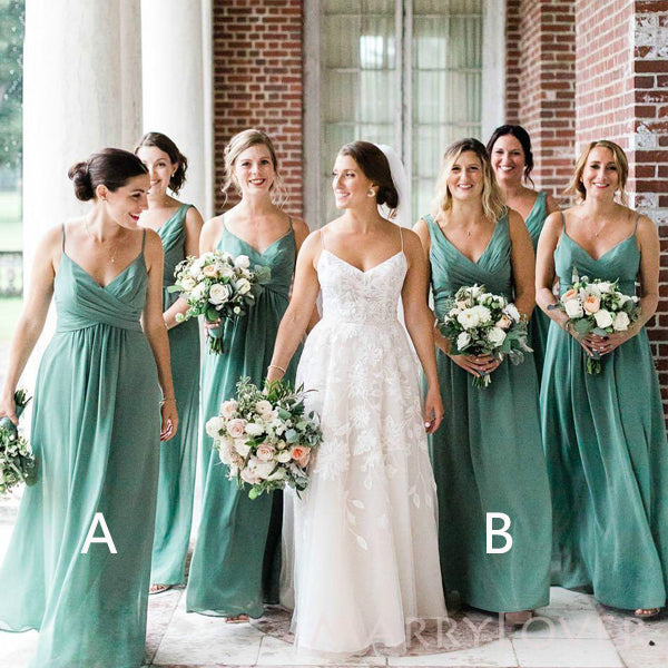 Mismatched Green Chiffon A-line Long Cheap Custom V-neck Bridesmaid Dresses, MRB0323