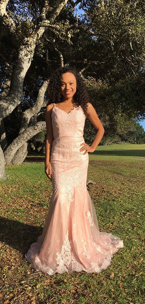 Mermaid Pink Applique V Neck Evening Prom Dresses, Sweet 16 Prom Dresses, OL090