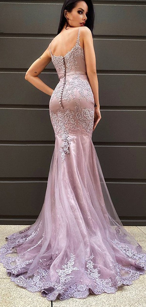 Mermaid Lace Applique V Neck Evening Prom Dresses, Sweet 16 Prom Dresses, OL084