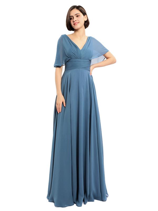 V-neck Short Sleeves Chiffon Bridesmaid Dresses