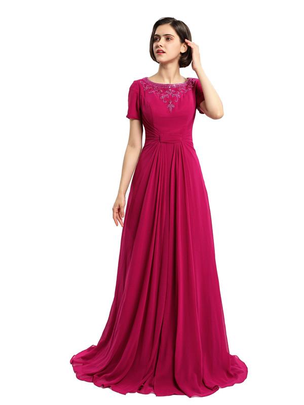 A-line Round Neck Short Sleeves Prom Dresses