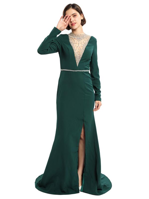 Sheath High-neck Long Sleeves Split Prom Dresses