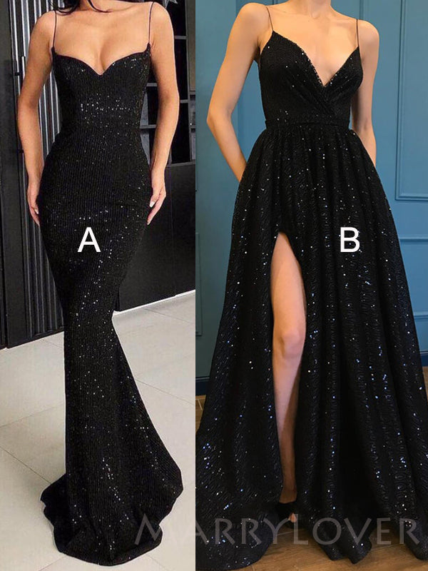 Spaghetti Strap Black Sparkle Popular Long Prom Dresses, MR7001