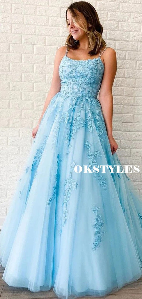 A-line Spaghetti Straps Lace-up Back Appliques Light Blue Tulle Prom Dresses, PD0644