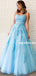 A-line Spaghetti Straps Lace-up Back Appliques Light Blue Tulle Prom Dresses, PD0644
