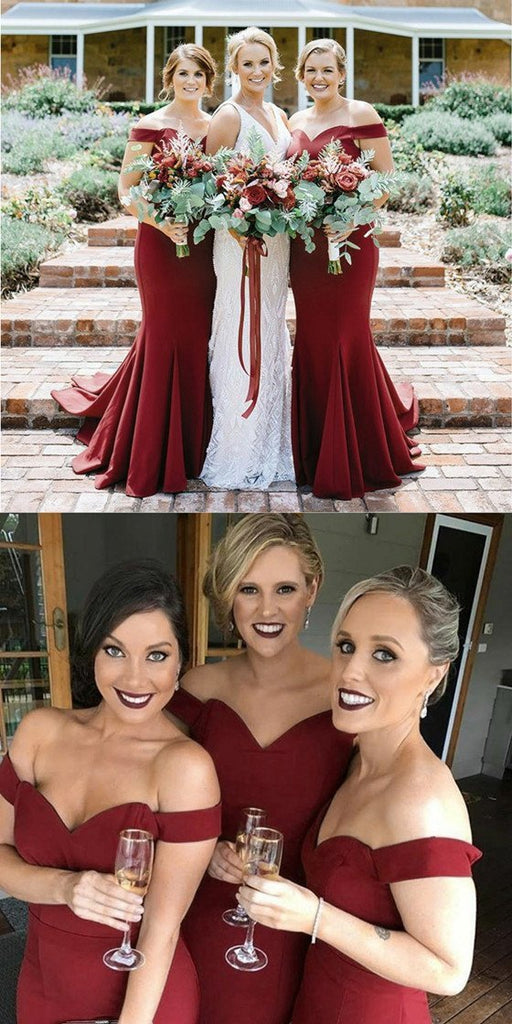 Mermaid Off Shoulder Burgundy Simple Cheap Bridesmaid Dresses With Train, BD0102