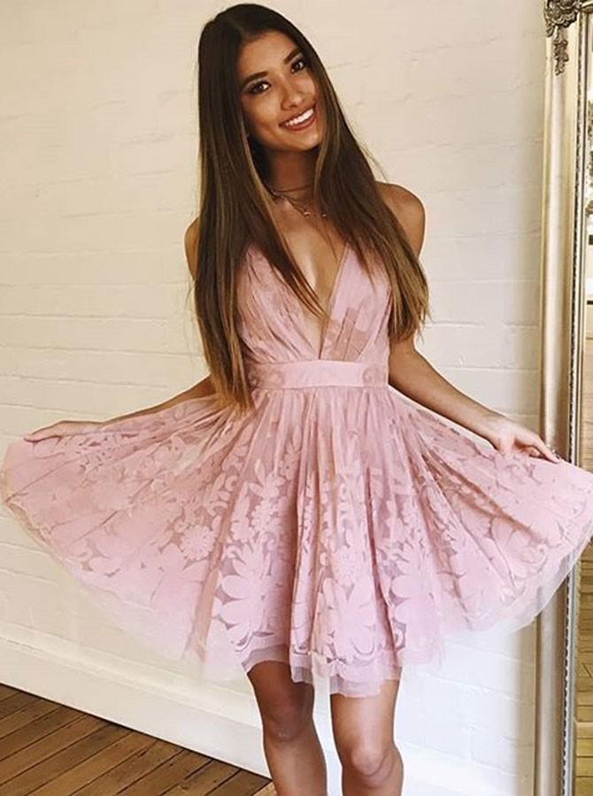 A-Line V-Neck Sleeveless Lace Appliques Homecoming Dresses, HD0509