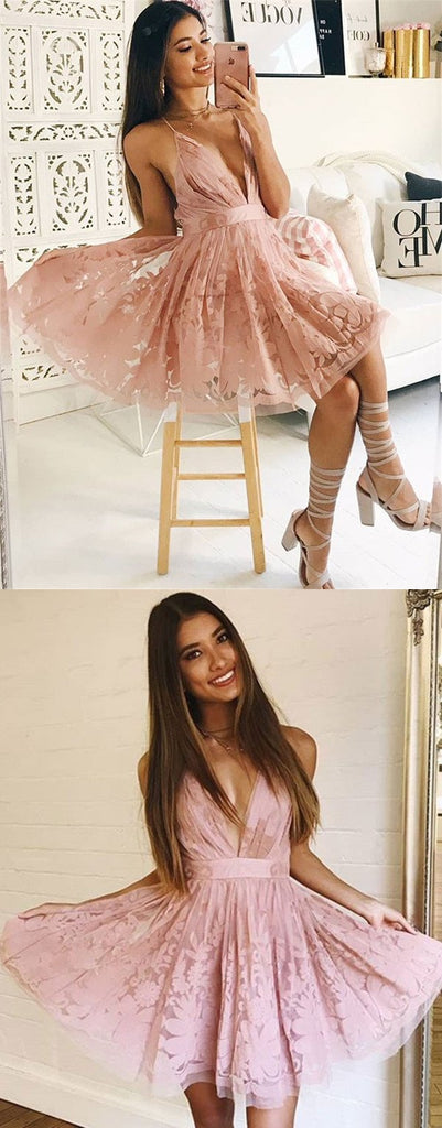 A-Line V-Neck Sleeveless Lace Appliques Homecoming Dresses, HD0509