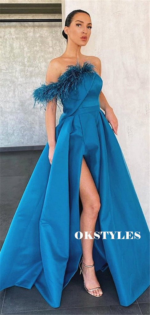 A-line Floor-length Strapless Long Blue Prom Dresses With Split, PD0584