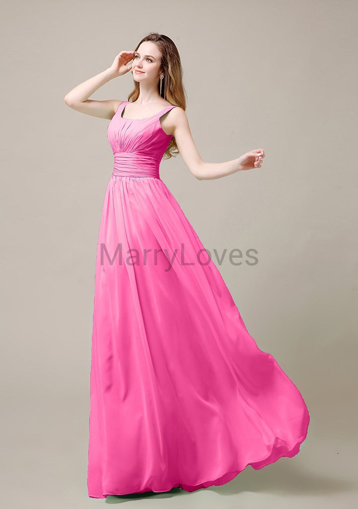 Square Neck Pleats Floor Length Bridesmaid Dresses