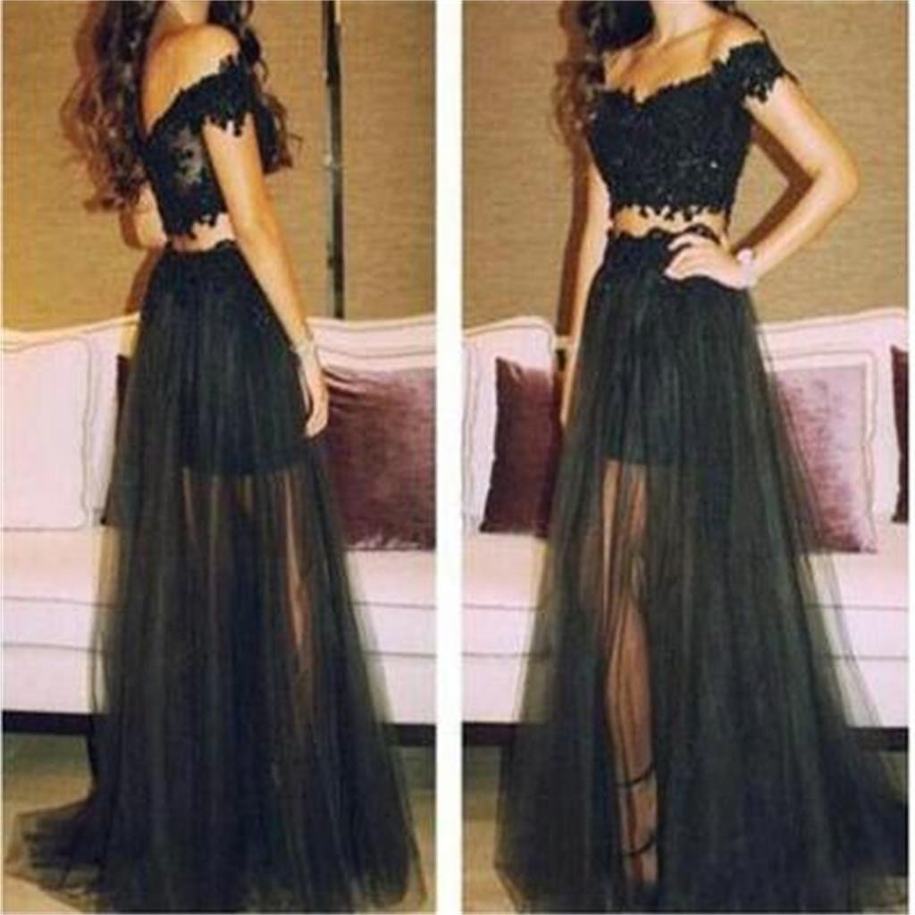 2 Pieces Black Lace Off Shoulder Long Evening Prom Dresses, BG51146 - Bubble Gown