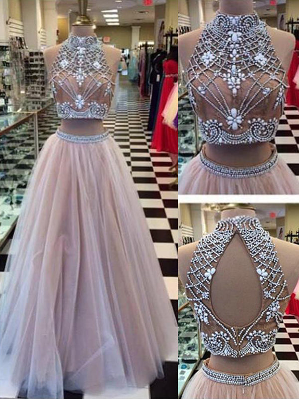 2 Piece High Neck Open Back Online Long Prom Dresses, BG51225