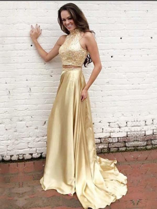 2 Pieces High Neck Open Back Shinning Gold Evening Long Prom Dress, BG51236