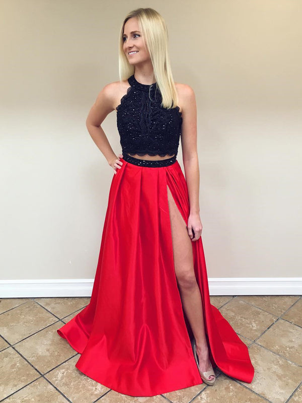 2 Pieces Black Lace Sexy Red Unique Cheap Long Prom Dress, BG51504