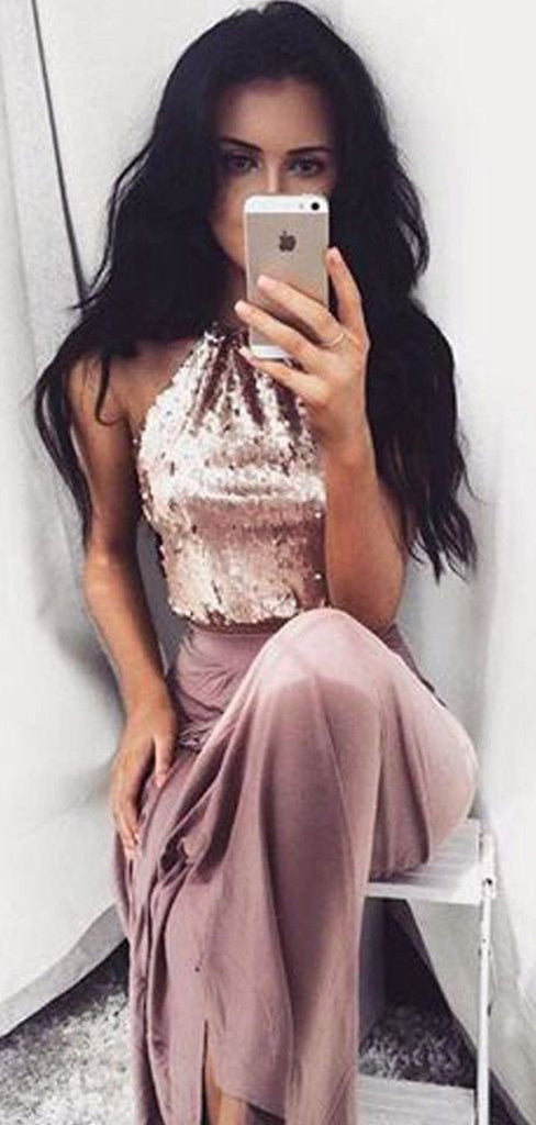 2 Pieces Sequin Top Halter Cheap Long Beach Prom Dresses, BG51552