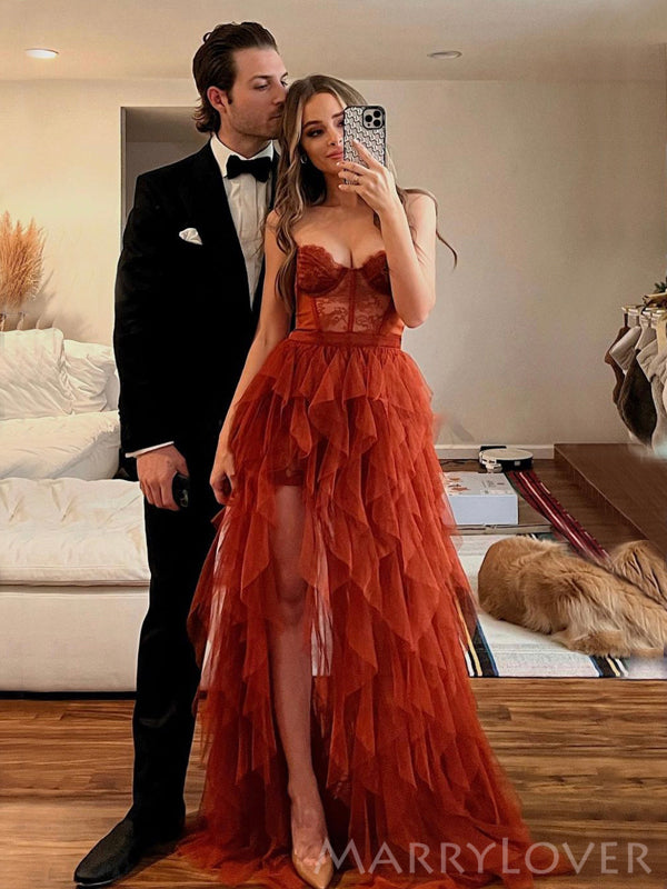 A-line Rust Tulle Strapless Long Evening Prom Dresses, Custom High Sli MarryLover A-line Rust Tulle Strapless Long Evening Prom Dresses, Custom High Sli MarryLover